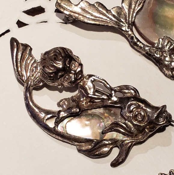 Vintage Pixie Elf Mermaid Silver Abalone mother of pearl pins lot - Picture 7 of 16